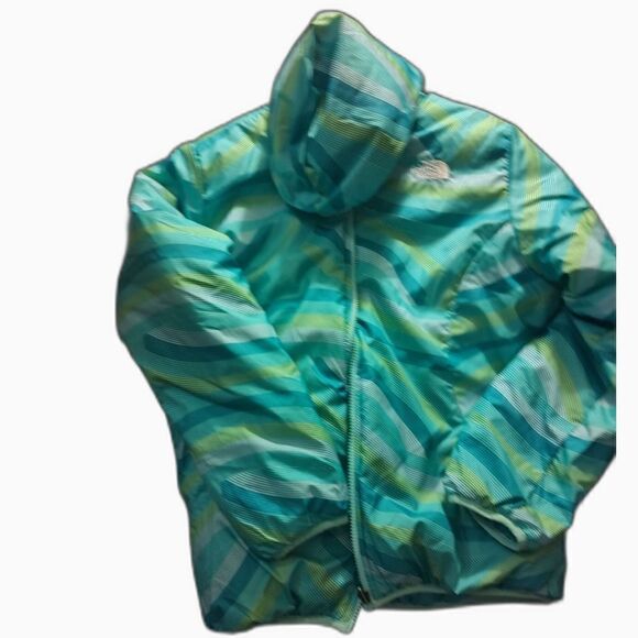 The North Face reversible puffer coat(all turquoise has dark stain bottom discol - Picture 1 of 10